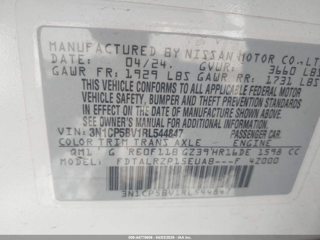44778606 :رقم المزاد ، 3N1CP5BV1RL544847 vin ، 2024 Nissan Kicks S Xtronic Cvt مزاد بيع