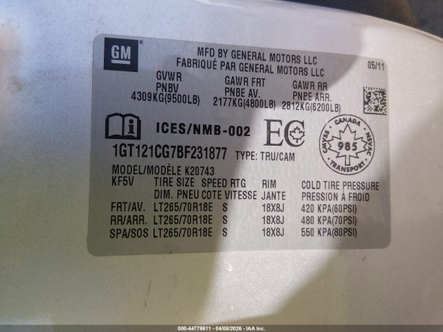 Aukcja sprzedaży 2011 Gmc Sierra 2500hd Slt, vin: 1GT121CG7BF231877, numer aukcji: 44778611