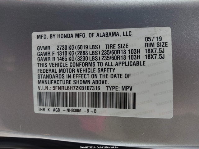 Honda Odyssey Ex-l 2019 5FNRL6H72KB107316 Image 9