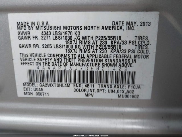 Aukcja sprzedaży 2013 Mitsubishi Outlander Sport Es, vin: 4A4AP3AU7DE021402, numer aukcji: 44778621