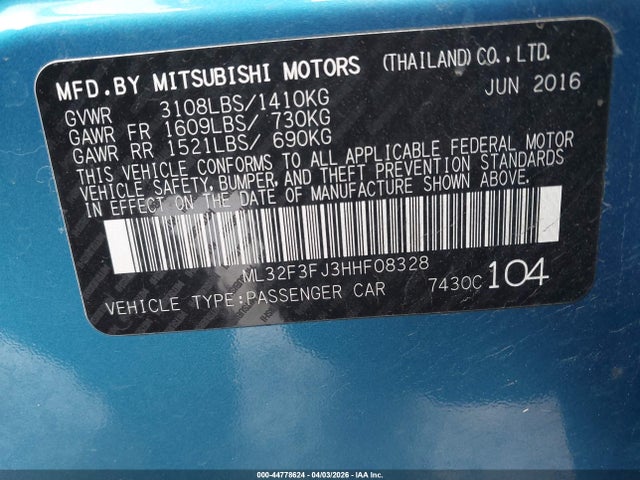Продаж на аукціоні авто 2017 Mitsubishi Mirage G4 Es, vin: ML32F3FJ3HHF08328, номер лоту: 44778624