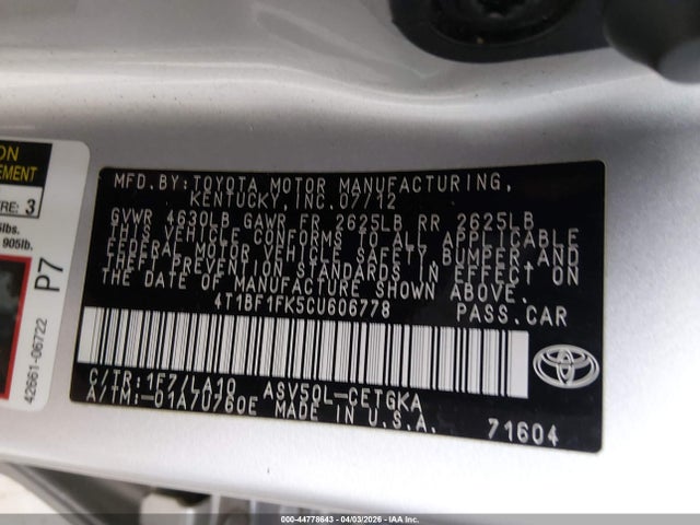 2012 TOYOTA CAMRY 4T1BF1FK5CU606778 Photo 8