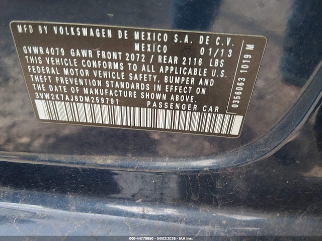 Продажа на аукционе авто 2013 Volkswagen Jetta 2.0l S, vin: 3VW2K7AJ8DM259791, номер лота: 44778650