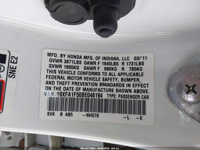 Aukcja sprzedaży 2011 Honda Civic Lx, vin: 19XFA1F50BE046194, numer aukcji: 44778664