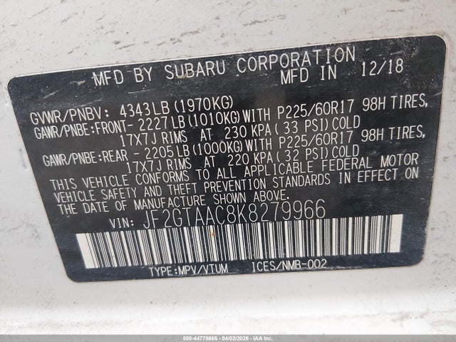 Aukcja sprzedaży 2019 Subaru Crosstrek 2.0i, vin: JF2GTAAC8K8279966, numer aukcji: 44778666