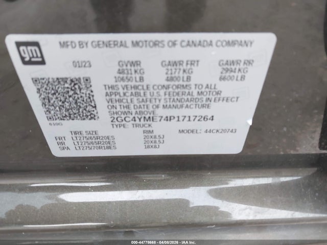 Aukcja sprzedaży 2023 Chevrolet Silverado 2500hd 4wd  Standard Bed Custom, vin: 2GC4YME74P1717264, numer aukcji: 44778668