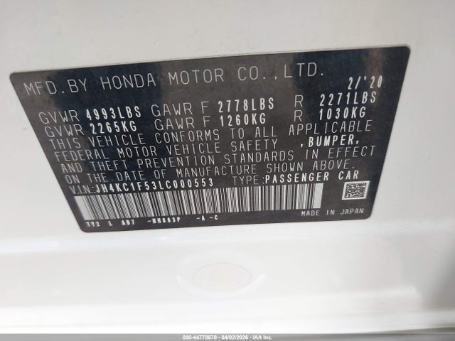 Aukcja sprzedaży 2020 Acura Rlx Technology Package, vin: JH4KC1F53LC000553, numer aukcji: 44778670