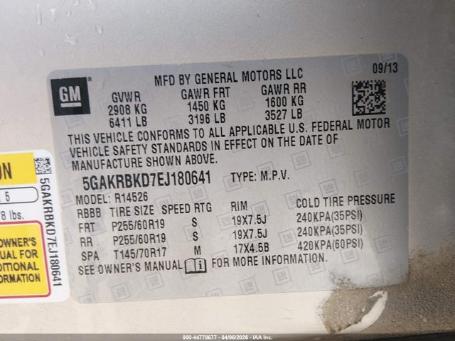 44778677 :رقم المزاد ، 5GAKRBKD7EJ180641 vin ، 2014 Buick Enclave Leather مزاد بيع