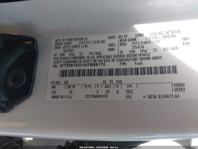 2019 Ford F-150 Limited მანქანა იყიდება აუქციონზე, vin: 1FTEW1EG1KFB88172, აუქციონის ნომერი: 44778683