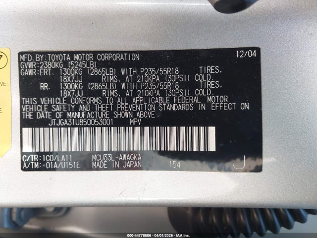 44778686 :رقم المزاد ، JTJGA31U850053001 vin ، 2005 Lexus Rx 330 مزاد بيع