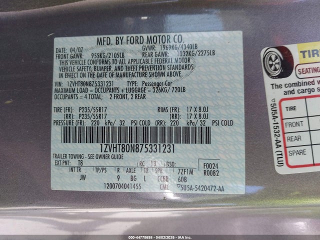 2007 FORD MUSTANG 1ZVHT80N875331231 Photo 8