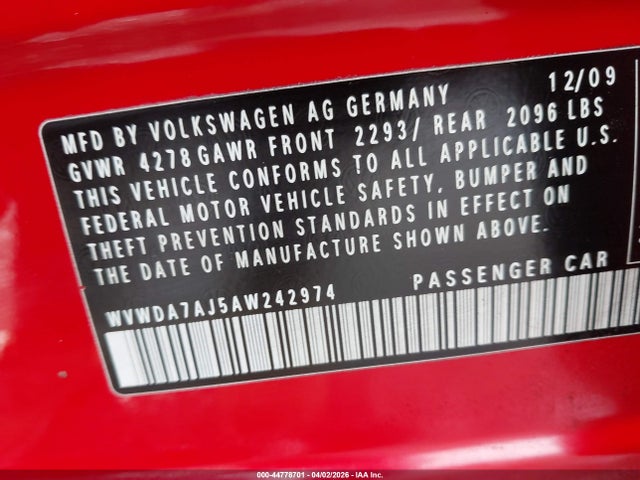 44778701 :رقم المزاد ، WVWDA7AJ5AW242974 vin ، 2010 Volkswagen Golf 4-door مزاد بيع