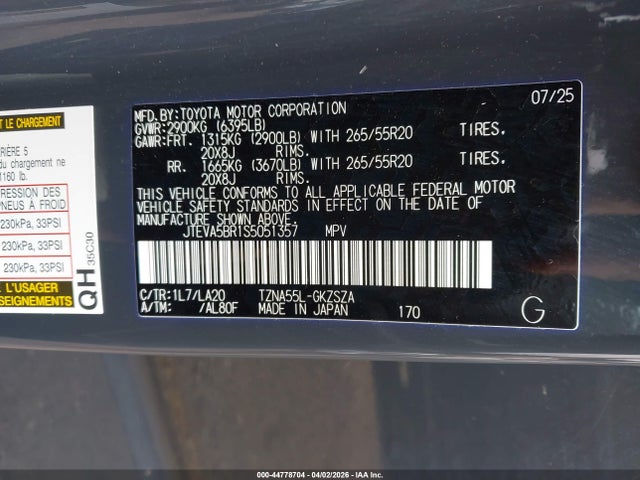 2025 Toyota 4runner Limited მანქანა იყიდება აუქციონზე, vin: JTEVA5BR1S5051357, აუქციონის ნომერი: 44778704