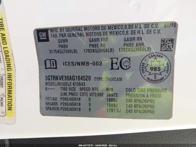 Продаж на аукціоні авто 2010 Gmc Sierra 1500 Sle, vin: 3GTRKVE36AG164528, номер лоту: 44778727