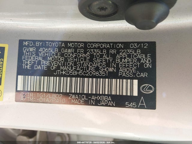 Aukcja sprzedaży 2012 Lexus Ct 200h Premium, vin: JTHKD5BH5C2098351, numer aukcji: 44778729