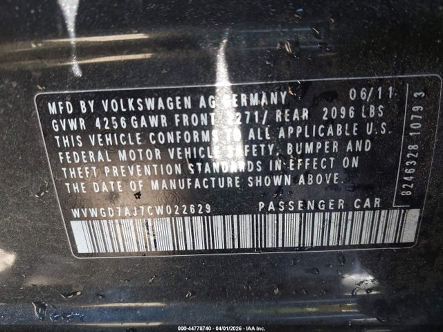 44778740 :رقم المزاد ، WVWGD7AJ7CW022629 vin ، 2012 Volkswagen Gti 4-door مزاد بيع