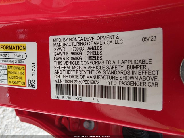 Aukcja sprzedaży 2023 Honda Civic Sport, vin: 19XFL2G80PE016872, numer aukcji: 44778745