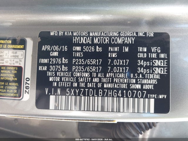 5XYZTDLB7HG410707 Hyundai Santa Fe Sport 2.4l