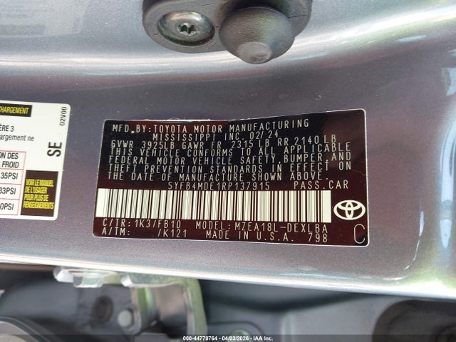Aukcja sprzedaży 2024 Toyota Corolla Le, vin: 5YFB4MDE1RP137915, numer aukcji: 44778764