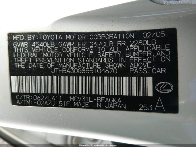 44778793 :رقم المزاد ، JTHBA30G855104670 vin ، 2005 Lexus Es 330 مزاد بيع