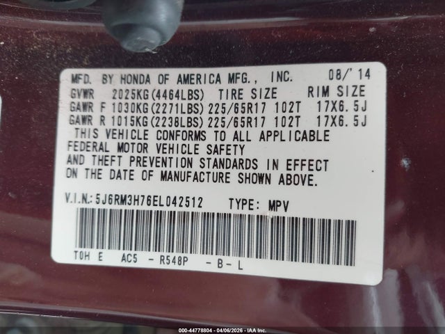 5J6RM3H76EL042512 Honda Cr-v Ex-l