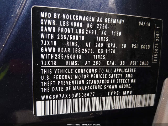 44778810 :رقم المزاد ، WVGBV7AX5GW608677 vin ، 2016 Volkswagen Tiguan Se مزاد بيع