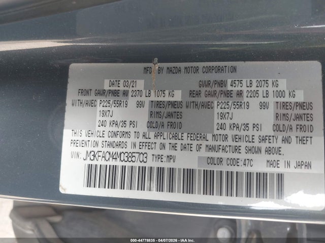 Aukcja sprzedaży 2021 Mazda Cx-5 Carbon Edition, vin: JM3KFACM4M0385703, numer aukcji: 44778835