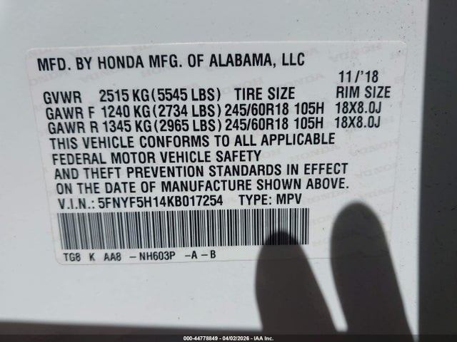 5FNYF5H14KB017254 Honda PILOT LX