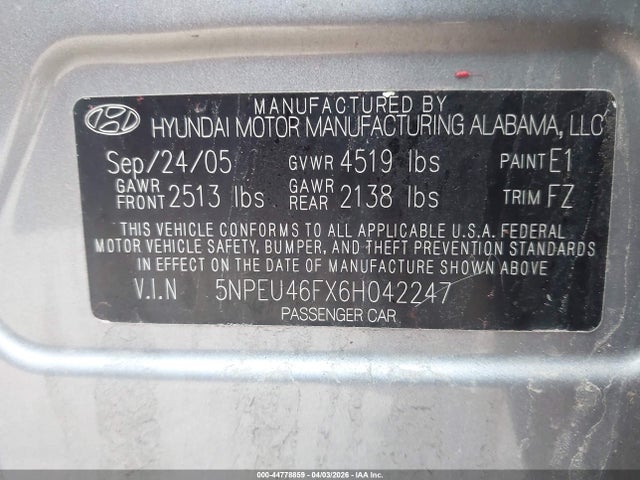 44778859 :رقم المزاد ، 5NPEU46FX6H042247 vin ، 2006 Hyundai Sonata Gls V6/lx V6 مزاد بيع