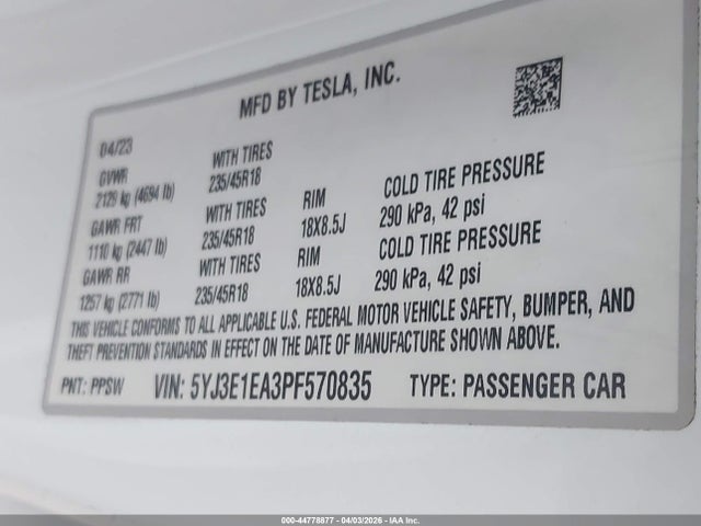 Продажа на аукционе авто 2023 Tesla Model 3 Rear-wheel Drive, vin: 5YJ3E1EA3PF570835, номер лота: 44778877