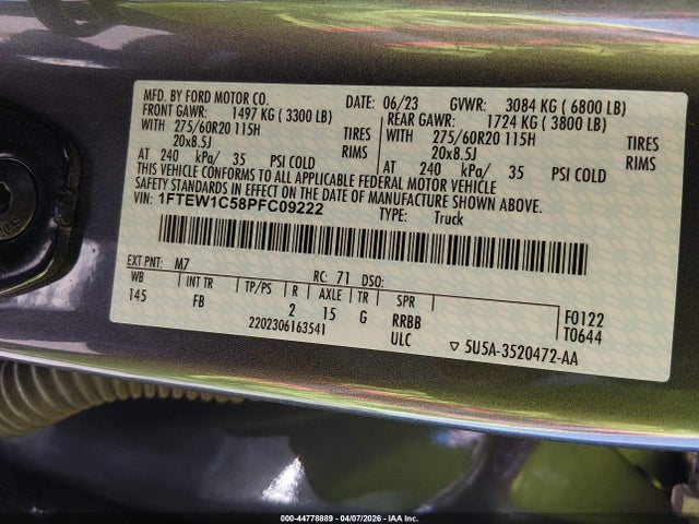 44778889 :رقم المزاد ، 1FTEW1C58PFC09222 vin ، 2023 Ford F-150 Xlt مزاد بيع