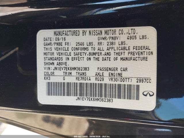 Aukcja sprzedaży 2017 Infiniti Q60 3.0t Premium, vin: JN1EV7EK6HM362383, numer aukcji: 44778900