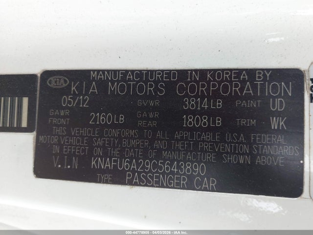 44778905 :رقم المزاد ، KNAFU6A29C5643890 vin ، 2012 Kia Forte Koup Ex مزاد بيع