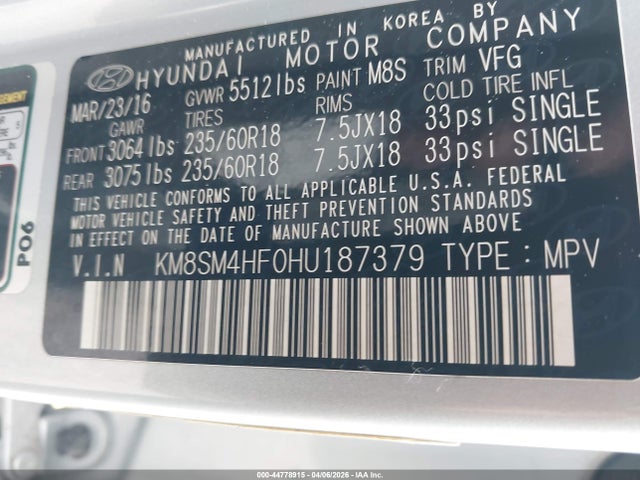 KM8SM4HF0HU187379 Hyundai Santa Fe Se