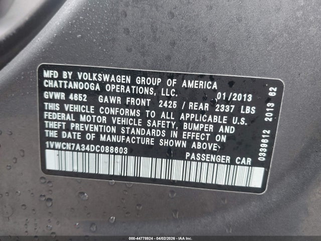 Auction sale of the 2013 Volkswagen Passat 2.0l Tdi Sel Premium, vin: 1VWCN7A34DC088603, lot number: 44778924