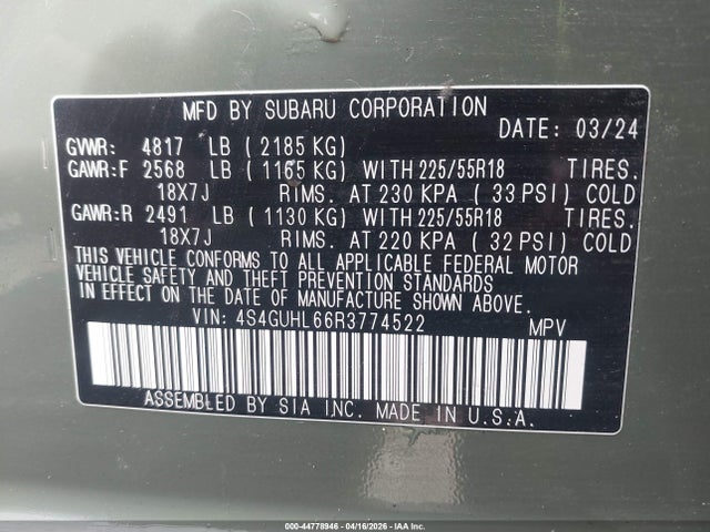 44778946 :رقم المزاد ، 4S4GUHL66R3774522 vin ، 2024 Subaru Crosstrek Limited مزاد بيع