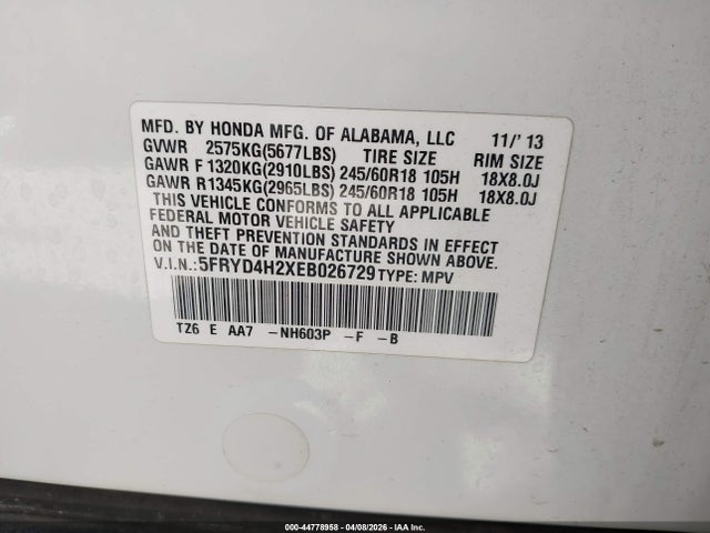 2014 Acura Mdx მანქანა იყიდება აუქციონზე, vin: 5FRYD4H2XEB026729, აუქციონის ნომერი: 44778958
