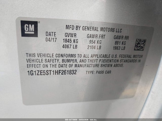 44778959 :رقم المزاد ، 1G1ZE5ST1HF261832 vin ، 2017 Chevrolet Malibu 1lt مزاد بيع