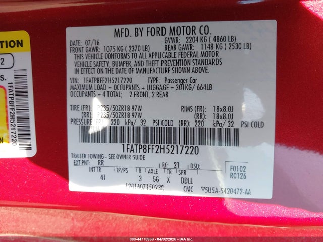 Продажа на аукционе авто 2017 Ford Mustang Gt Premium, vin: 1FATP8FF2H5217220, номер лота: 44778968