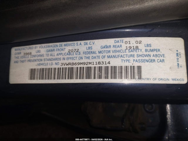 Продаж на аукціоні авто 2002 Volkswagen Jetta Gl, vin: 3VWRB69M92M118314, номер лоту: 44778971