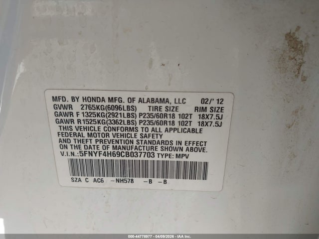 44778977 :رقم المزاد ، 5FNYF4H69CB037703 vin ، 2012 Honda Pilot Ex-l مزاد بيع