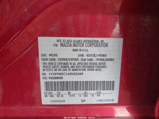 Продажа на аукционе авто 2004 Mazda Mazda6 I, vin: 1YVFP80C145N22489, номер лота: 44778985