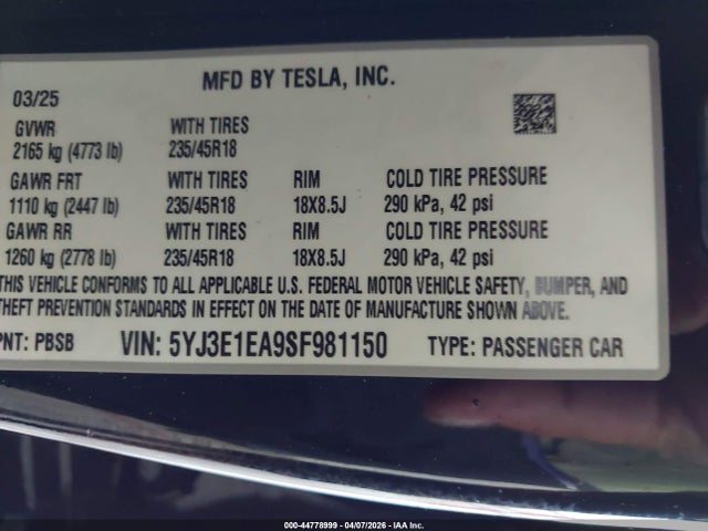 5YJ3E1EA9SF981150 Tesla Model 3 Long Range Rear-wheel Drive/standard Rear-wheel Drive