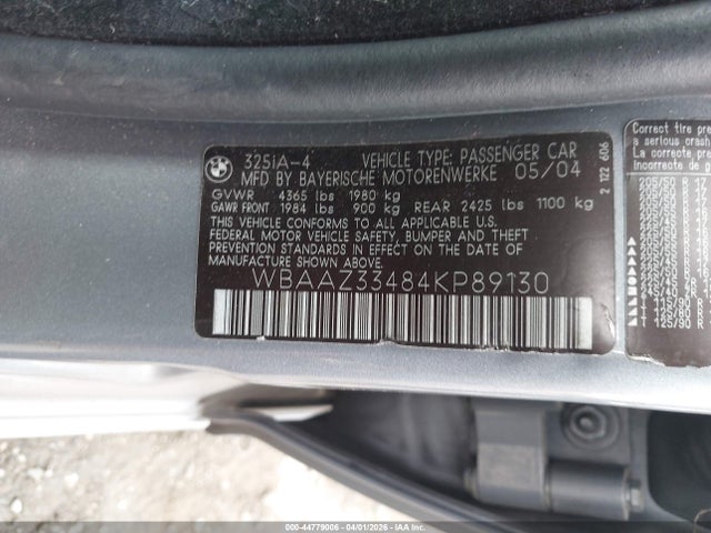 2004 Bmw 325i მანქანა იყიდება აუქციონზე, vin: WBAAZ33484KP89130, აუქციონის ნომერი: 44779006