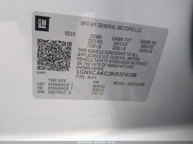 Aukcja sprzedaży 2019 Chevrolet Tahoe Ls, vin: 1GNSCAKC2KR374709, numer aukcji: 44779025