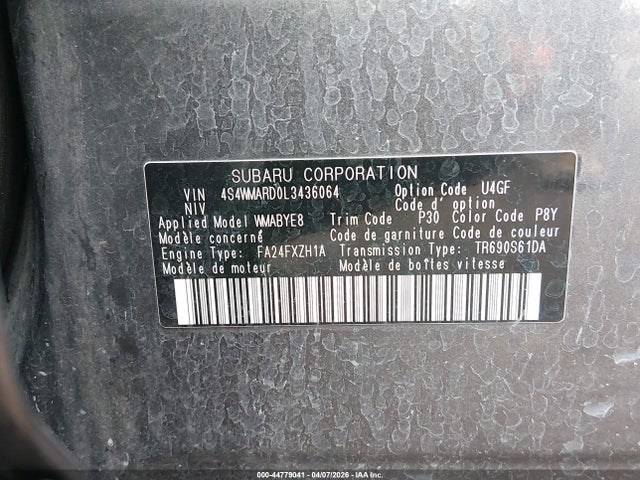 Aukcja sprzedaży 2020 Subaru Ascent Touring, vin: 4S4WMARD0L3436064, numer aukcji: 44779041