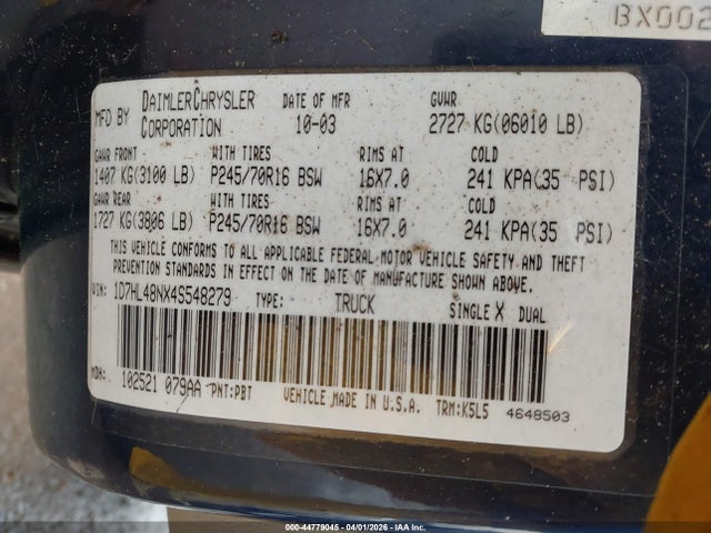 44779045 :رقم المزاد ، 1D7HL48NX4S548279 vin ، 2004 Dodge Dakota Slt مزاد بيع