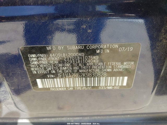 Subaru Wrx Sti 2019 JF1VA2R62K9830828 Image 9