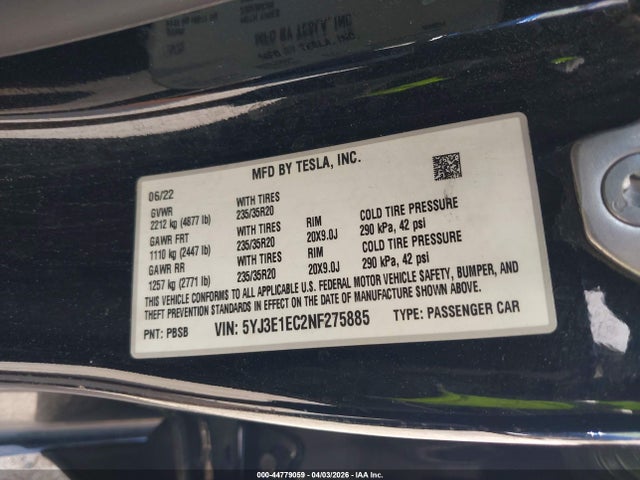 Aukcja sprzedaży 2022 Tesla Model 3 Performance Dual Motor All-wheel Drive, vin: 5YJ3E1EC2NF275885, numer aukcji: 44779059