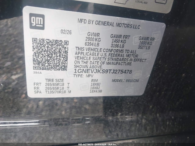 Aukcja sprzedaży 2026 Chevrolet Traverse Awd Z71, vin: 1GNEVJKS9TJ275478, numer aukcji: 44779075